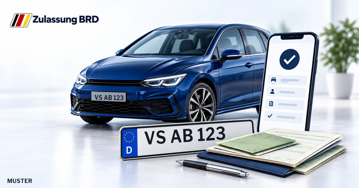 Online Fahrzeugzulassung in Schwarzwald-Baar-Kreis: Musterkennzeichen VS AB 123, Auto und Fahrzeugpapiere und Smartphone. Illustration mit Logo von Zulassung BRD.
